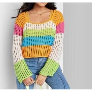 Wild Fable Womens Boho Crochet Long Sleeve Pullover Striped Colorful‎ Sweater #L